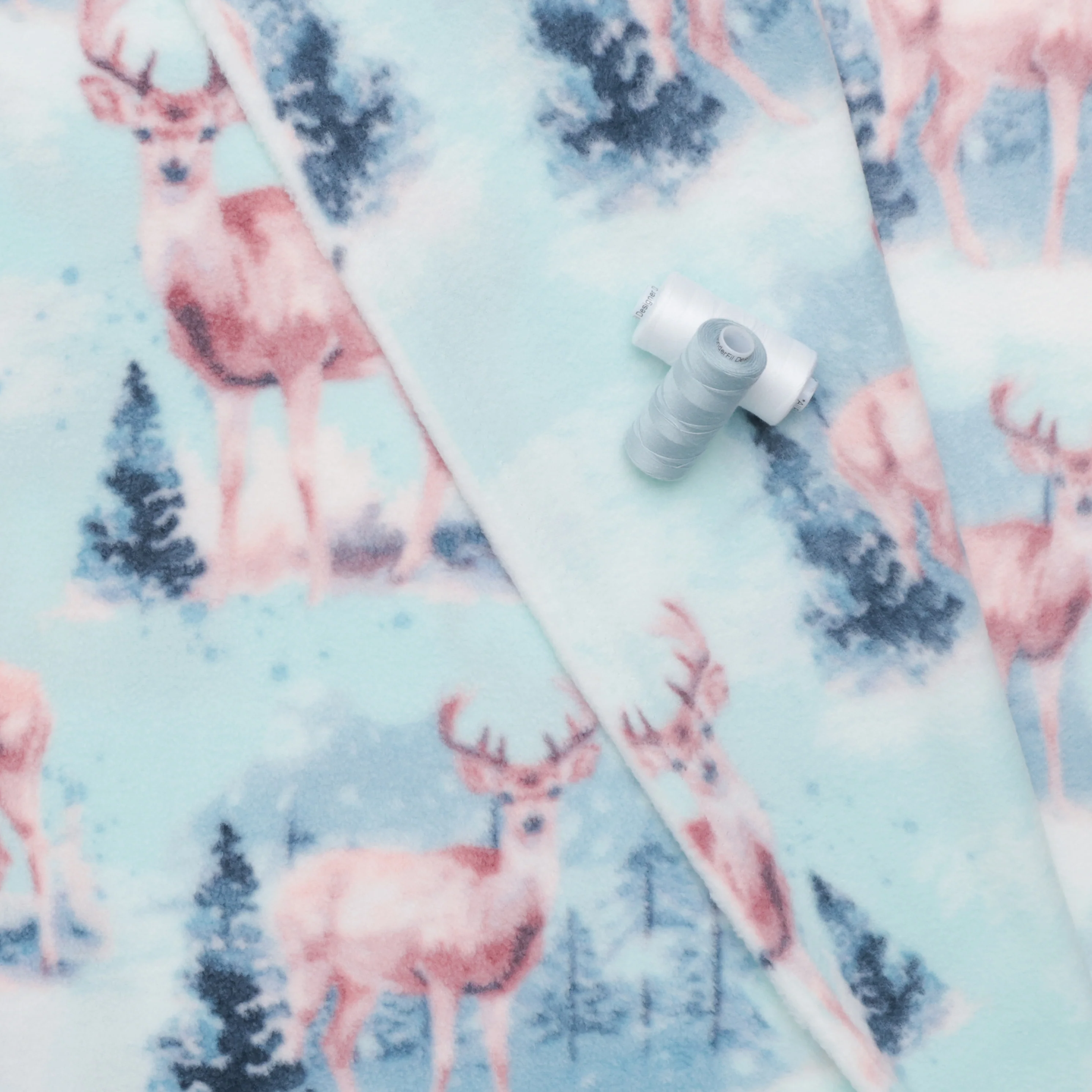 Camelot - Fleece - Winter Deer Scene - Light Blue - Image 3