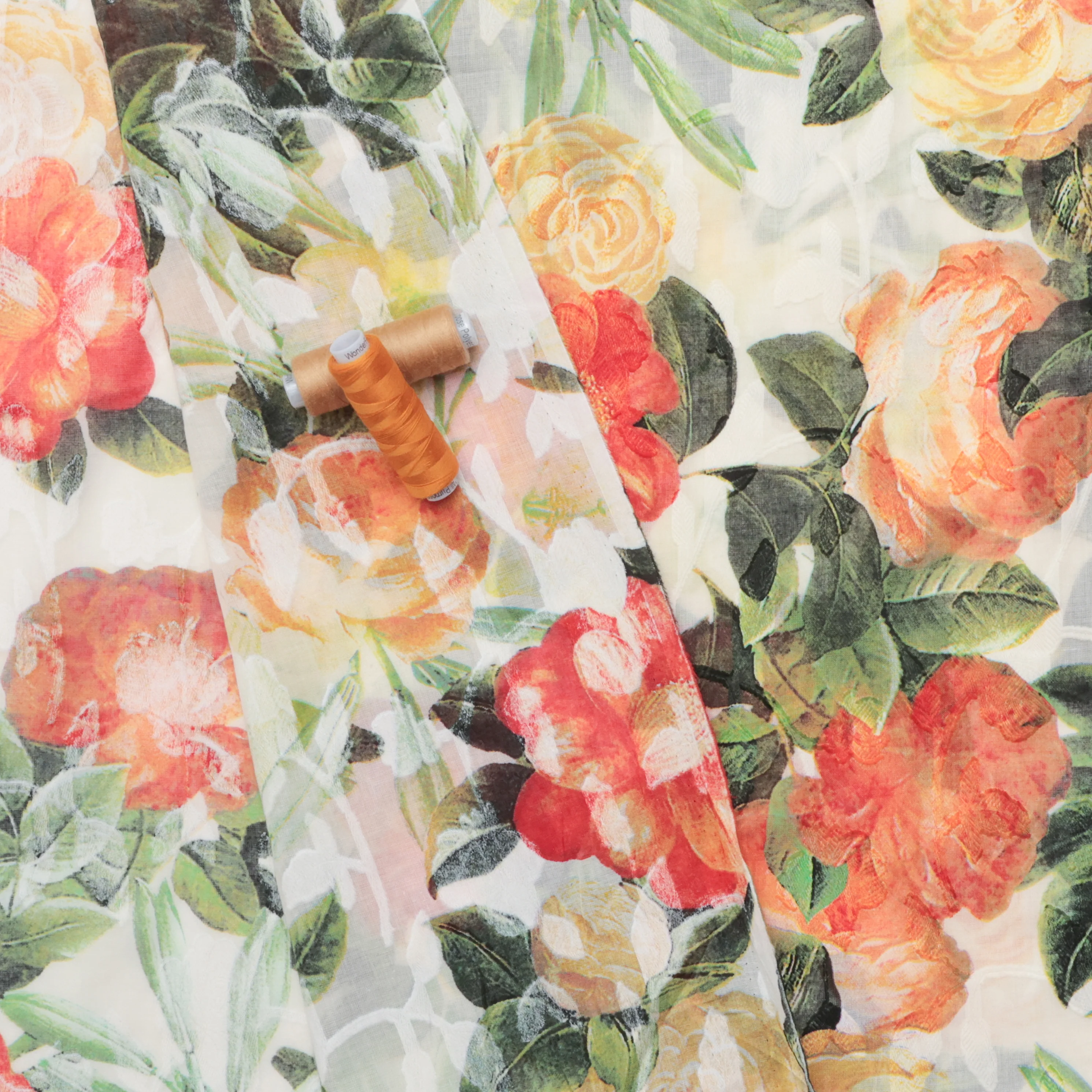 Cotton - Designer Print - Floral - Orange Green - Image 3
