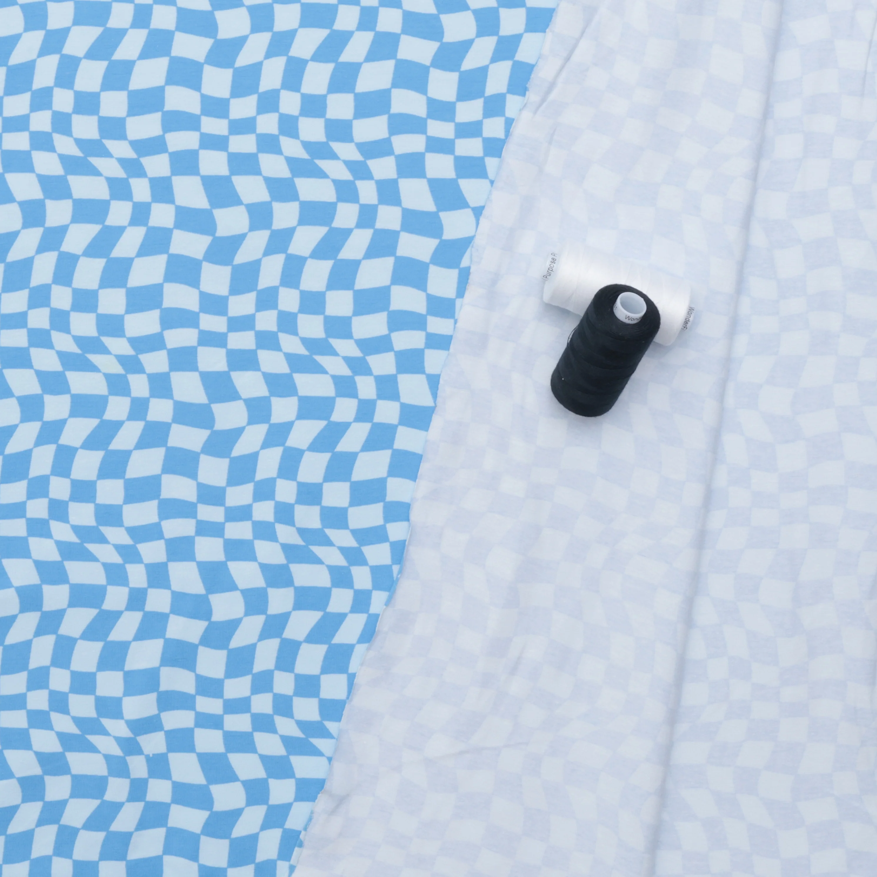 Cotton - Printed Jersey - Wavy Checkered Sky Blue - Image 3