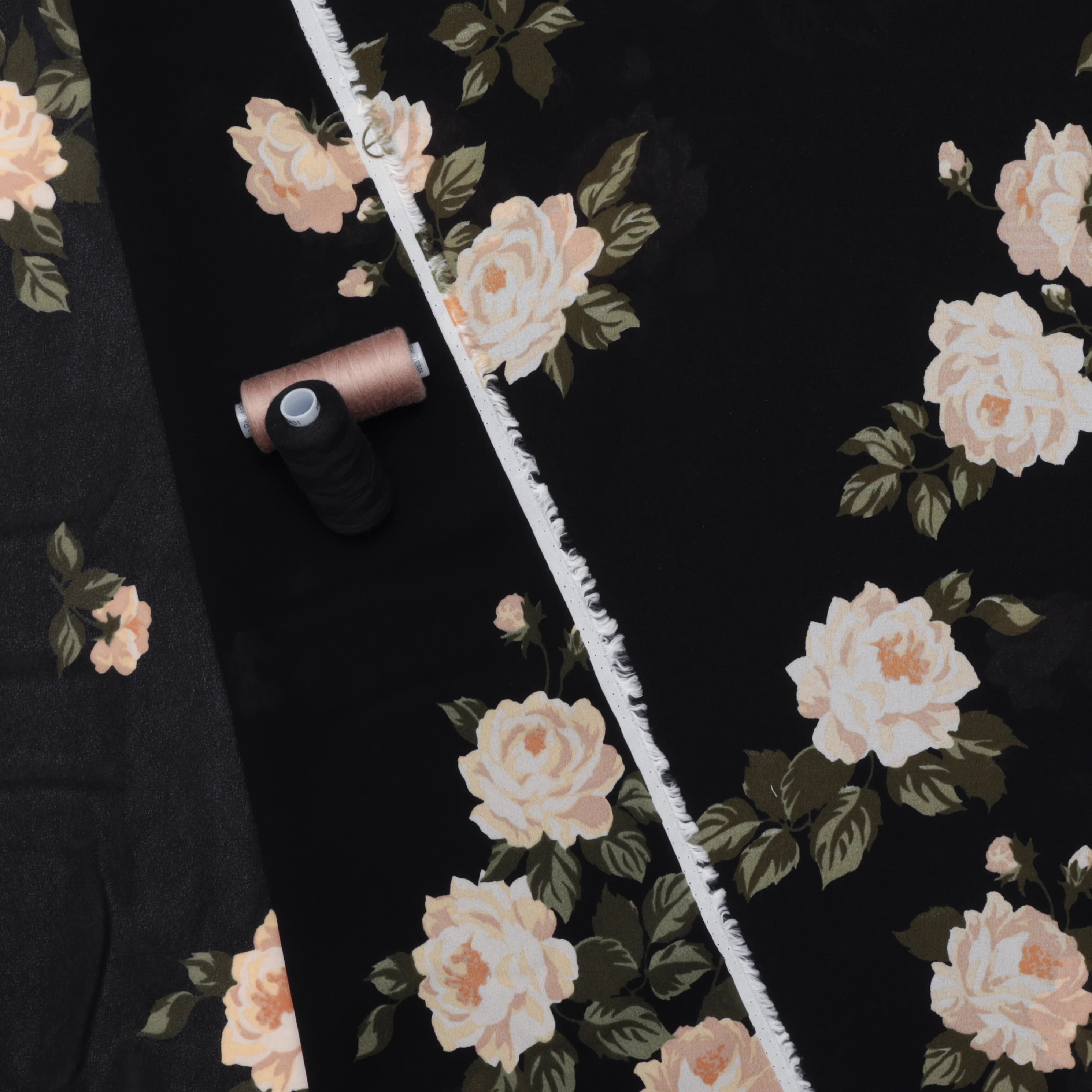 Rayon - Georgette - Roses - Black Olive Cream - Image 3